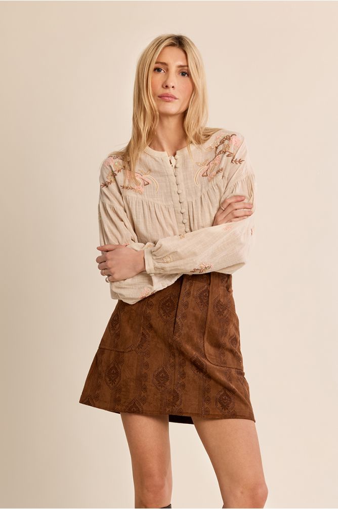 Suede skirt with boho print