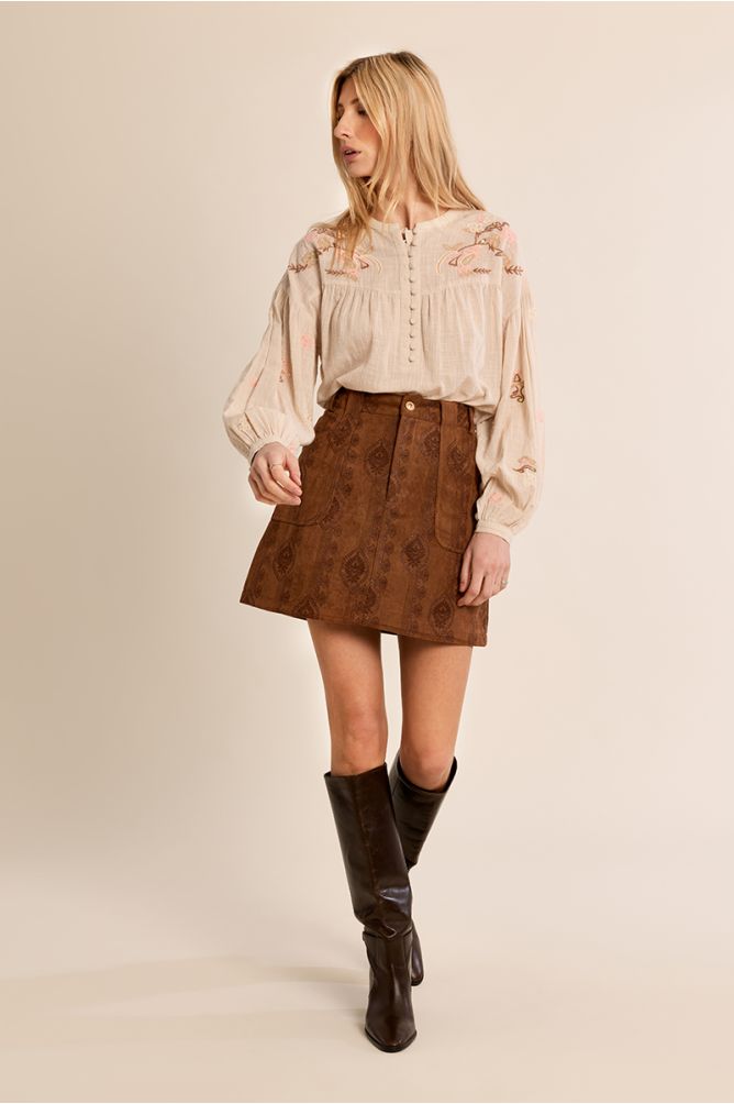 Suede skirt with boho print