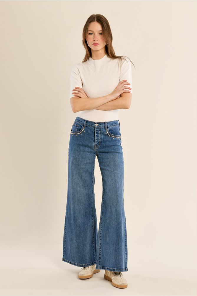 Studded denim wide jeans